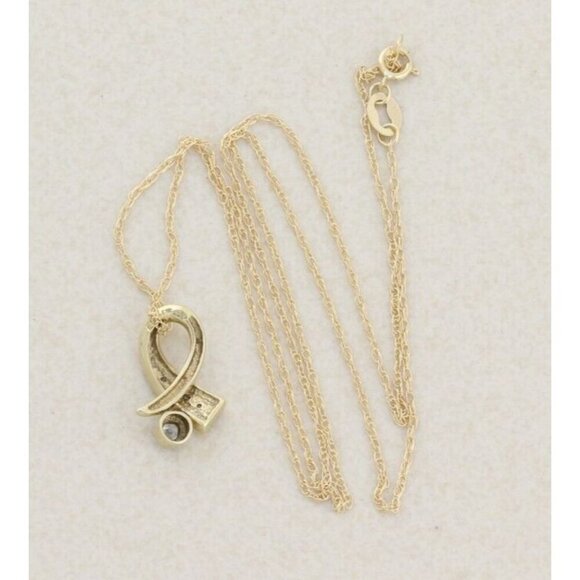 10k Yellow Gold Diamond Ribbon Necklace 18" Chain - Picture 7 of 7